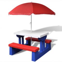 Детска пикник маса с пейки и чадър, многоцветна