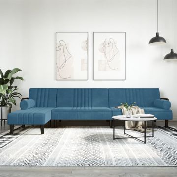 Г-образно разтегателно канапе синьо 260x140x70 см кадифе