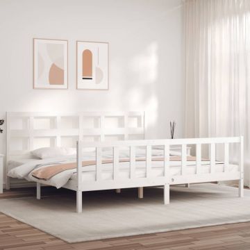 Рамка за легло с табла бяла Super King Size дърво масив