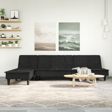 Г-образно разтегателно канапе черно 255x140x70 см кадифе