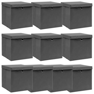 Кутии за съхранение с капаци 10 бр сиви 32x32x32 см плат