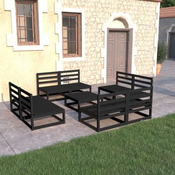 Градински лаундж комплект Hinton, 9 части, черен, бор масив