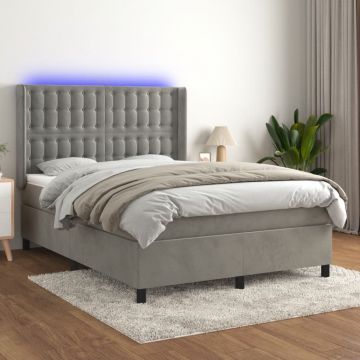 Боксспринг легло с матрак и LED, светлосиво, 140x200 см, кадифе