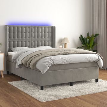 Боксспринг легло с матрак и LED, светлосиво, 140x190 см, кадифе