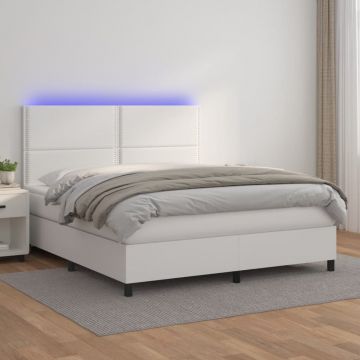 Боксспринг легло с матрак и LED бяло 160x200 см изкуствена кожа