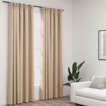 Затъмняващи завеси с куки имитация лен 2 бр бежови 140x225 см