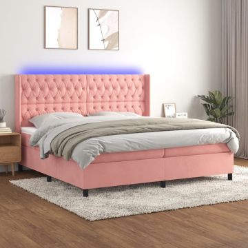 Боксспринг легло с матрак и LED, розово, 200x200 см, кадифе