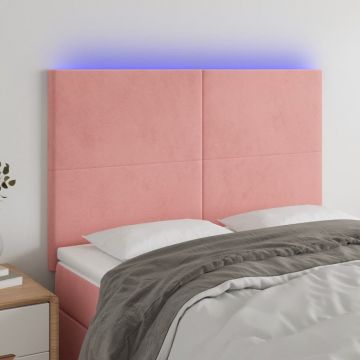 LED горна табла за легло, розова, 144x5x118/128 см, кадифе