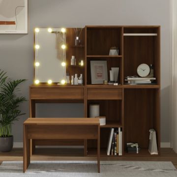 Комплект тоалетка с LED Regan, кафяв дъб, инженерно дърво