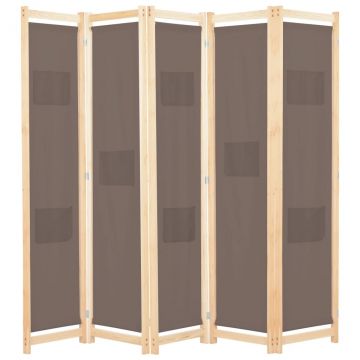Параван за стая, 5 панела, кафяв, 200x170x4 cм, текстил