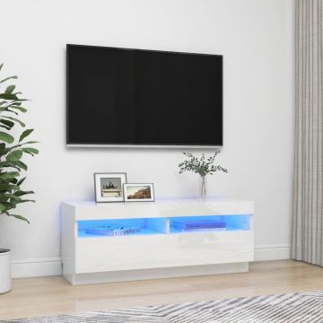 ТВ шкаф с LED осветление, бял гланц, 100x35x40 см