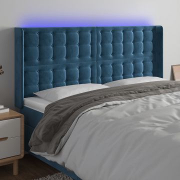 LED горна табла за легло, тъмносиня, 203x16x118/128 см, кадифе