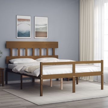 Легло за възрастни с табла, меденокафяв, King Size, дърво масив