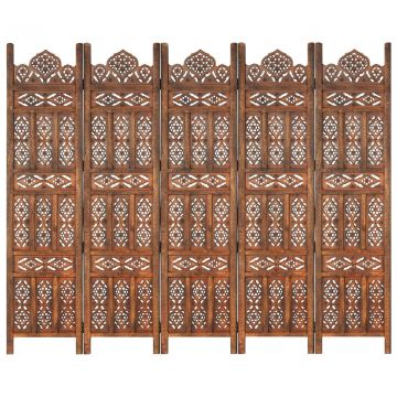 Ръчно резбован параван 5 панела кафяв 200x165 cм манго масив Gentry