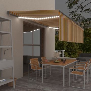 Ръчно прибиращ се сенник с щора и LED Aaran, 5x3 м, жълто и бяло