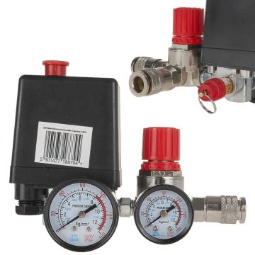 Пресостат за компресор с бързи връзки и манометри Geko G80318, 230 V, 12 бара
