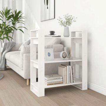 Библиотека/разделител за стая, бяла, 80x35x91 см, бор масив