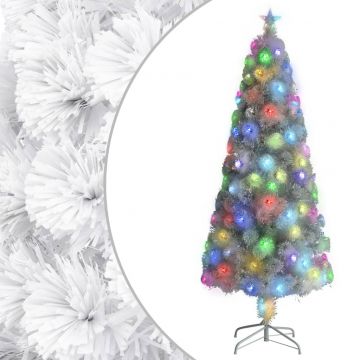 Изкуствена коледна елха с LED, бяла, 210 см, оптично влакно