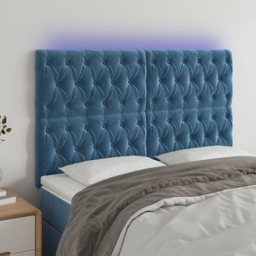 LED горна табла за легло, тъмносиня, 144x7x118/128 см, кадифе
