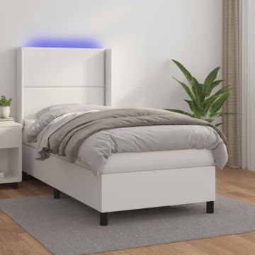 Боксспринг легло с матрак и LED бяло 100x200 см изкуствена кожа