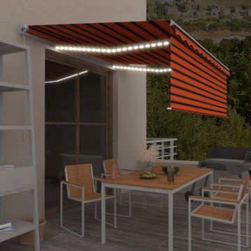 Ръчно прибиращ се сенник с щора и LED Keeling, 4x3 м, оранжево-кафяв