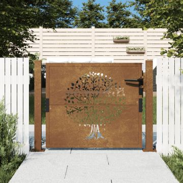 Градинска порта 100x75 см, кортенова стомана, дизайн с дърво