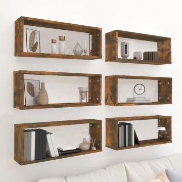 Стенни рафтове, 6 бр, опушен дъб, 60x15x23 см, инженерно дърво