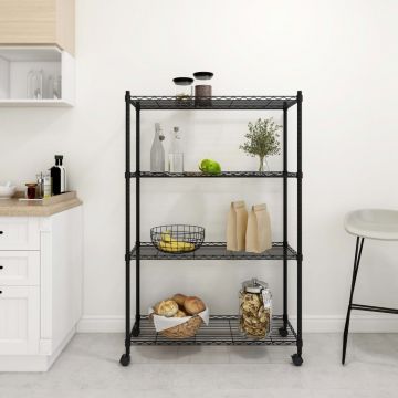 4-етажен стелаж за съхранение с колела 90x35x142 см черен 200кг