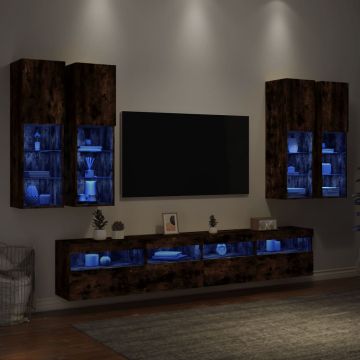 Комплект ТВ стенни шкафове, 7 части, с LED светлини, опушен дъб