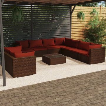 Градински комплект с възглавници 10 части кафяв полиратан Roman