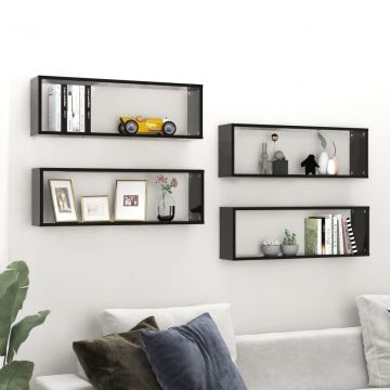 Стенни кубични рафтове, 4 бр, черни, 80x15x26,5 см, ПДЧ
