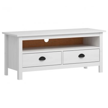 ТВ шкаф Hill Range Konnor, бял, 110x40x47 см, борово дърво масив