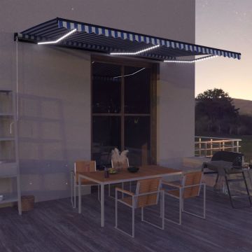 Ръчно прибиращ се сенник с LED Charlize, 600x300 см, синьо и бяло