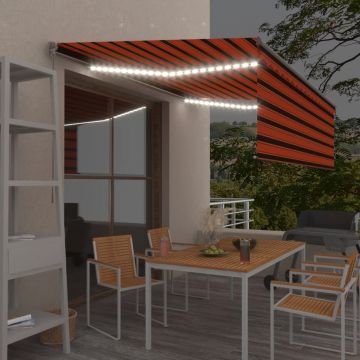 Ръчно прибиращ се сенник с щора и LED Riccardo, 4x3 м, оранжево-кафяв