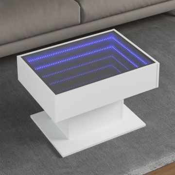 Маса за кафе с LED, бяла, 70x50x45 см, инженерно дърво