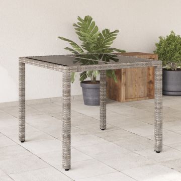 Градинска маса със стъклен плот сива 90x90x75 см полиратан