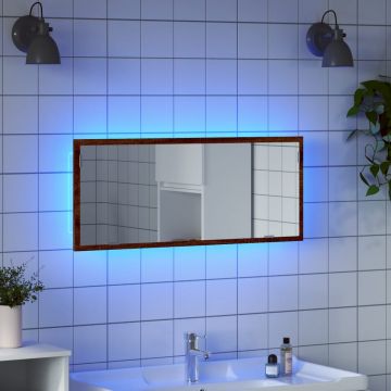 LED огледало за баня, кафяв дъб, 100x8,5x37 см, инженерно дърво
