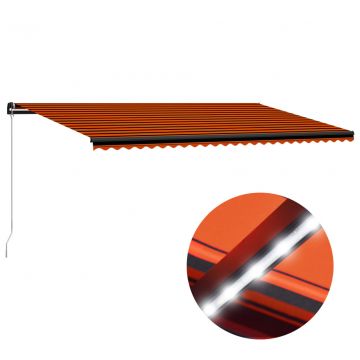 Ръчно прибиращ се сенник с LED Higgs, 600x300 см, оранжево и кафяво