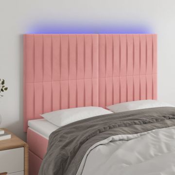 LED горна табла за легло, розова, 144x5x118/128 см, кадифе