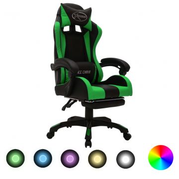 Геймърски стол RGB LED осветление зелено/черно изкуствена кожа Taine