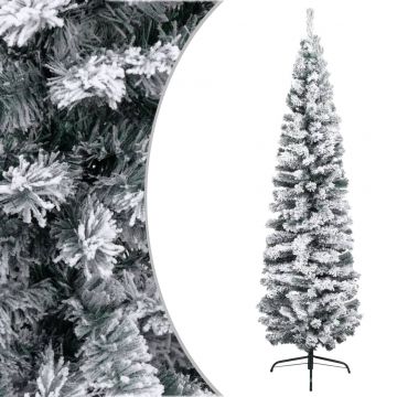 Тънка изкуствена коледна елха със сняг, зелена, 210 см, PVC