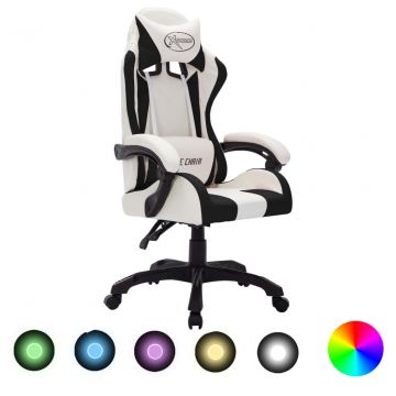 Геймърски стол RGB LED осветление бяло/черно изкуствена кожа Marks