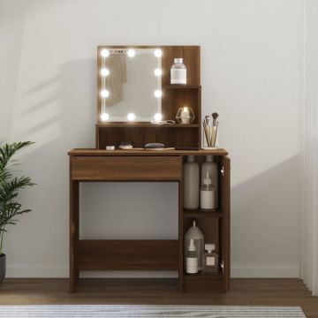 Тоалетка с LED, кафяв дъб, 86,5x35x136 см