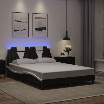 Рамка за легло с LED осветление черно-бяла 140x190 см еко кожа