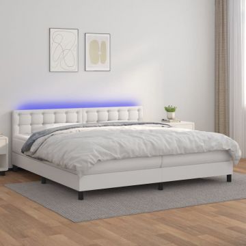 Боксспринг легло с матрак и LED бяло 200x200 см изкуствена кожа