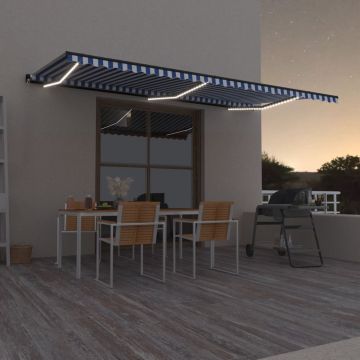 Ръчно прибиращ се сенник с LED Cartwright, 600x350 см, синьо и бяло
