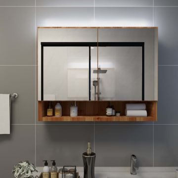 LED шкаф с огледало за баня, дъб, 80x15x60 см, МДФ