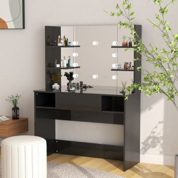 Тоалетка с LED лампи, 100x40x135 см, МДФ, черен гланц
