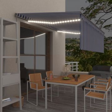 Ръчно прибиращ се сенник с щора и LED Stanley, 4x3 м, синьо и бяло