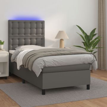 Боксспринг легло с матрак и LED сиво 100x200 см изкуствена кожа